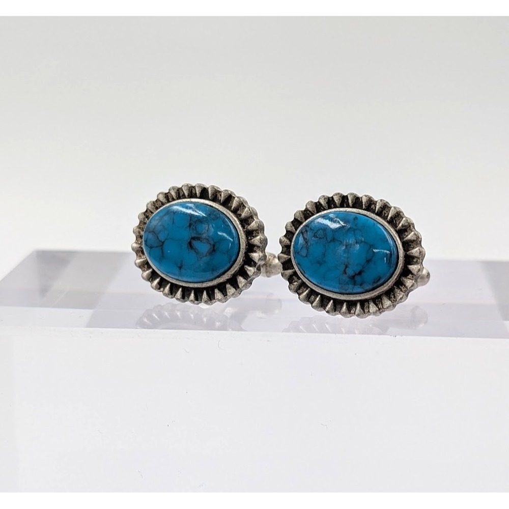 Vintage‎ 1960 Dante Cufflinks Silver Tone Blue Cabochon Southwestern